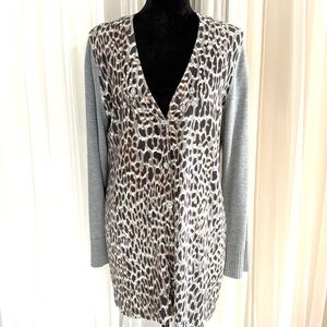 Chico’s Gray & Leopard Print Cardigan Women's Sweater With Crystal Embellishing